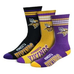 For Bare Feet Minnesota Vikings 4 Stripe Deuce 3 Pack Crew Socks Purple/yellow
