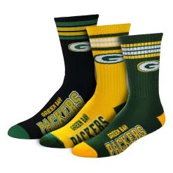For Bare Feet Green Bay Packers 4 Stripe Deuce 3 Pack Crew Socks Green/yellow
