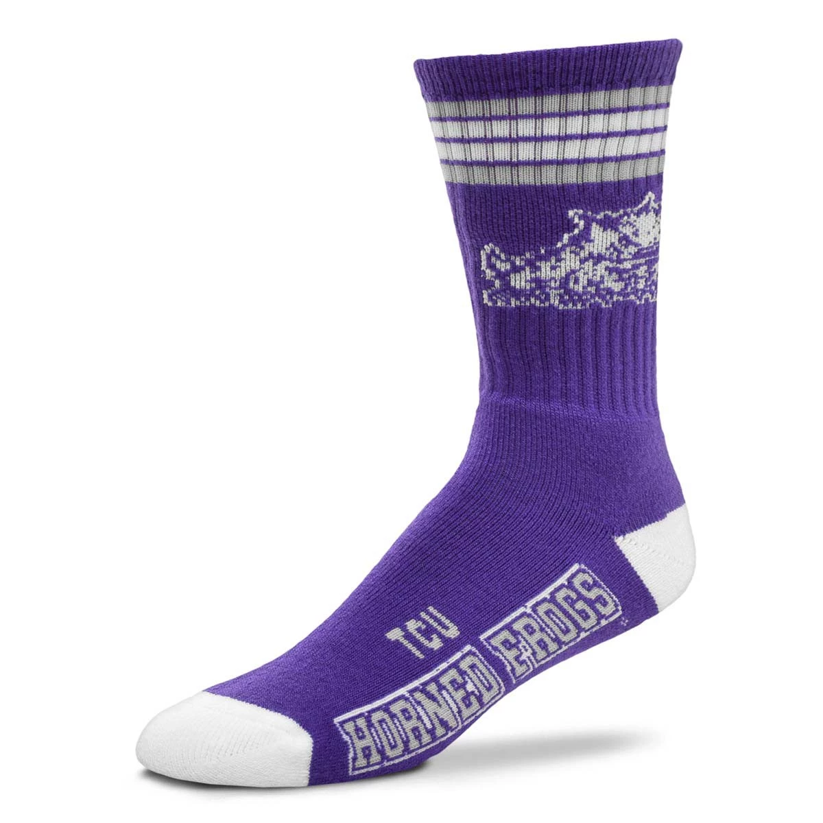 For Bare Feet Kids' TCU Horned Frogs 4 Stripe Deuce Crew Socks Purple 1 For Bare Feet Kids' TCU Horned Frogs 4 Stripe Deuce Crew Socks Purple