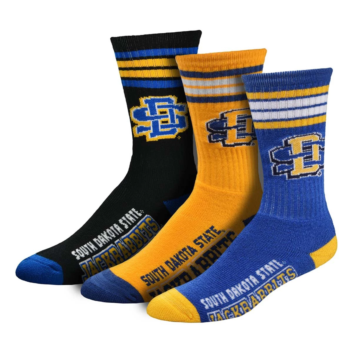 For Bare Feet South Dakota State Jackrabbits 4 Stripe Deuce 3 Pack Crew Socks Blue/yellow 2 For Bare Feet South Dakota State Jackrabbits 4 Stripe Deuce 3 Pack Crew Socks Blue/yellow - Image 2